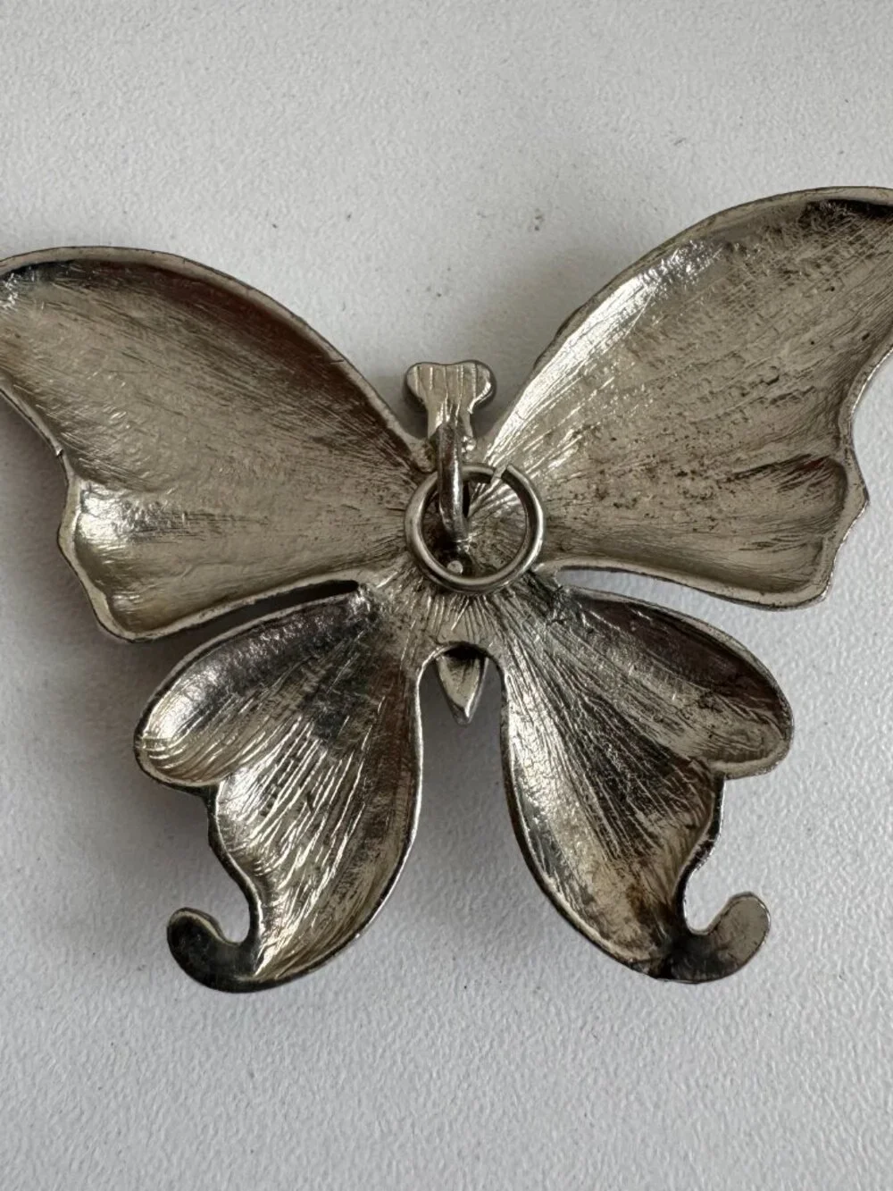 Large Silver Tone Butterfly Pendant Rhinestone Textured Statement Charm